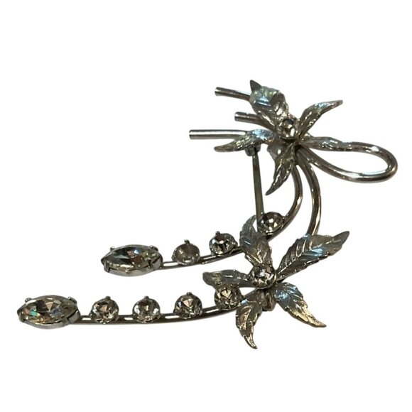 Vintage Silver Tone Floral Rhinestone Brooch Pin Krementz 1.75" L Jewelry - Picture 1 of 3